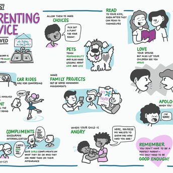 Cartoon drawings and text showing the best parenting advice I've received